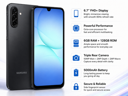 Samsung Galaxy A17 4G  Black Samsung smartphone showing front screen and back camera module.