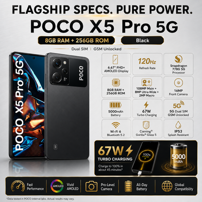 Xiaomi Poco X5 Pro 5G, Dual SIM, 256GB ROM 8GB RAM GSM Unlocked - Black