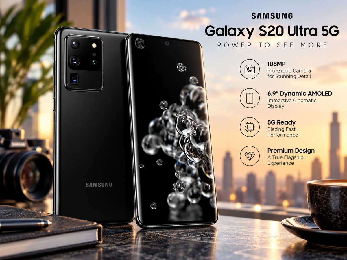 Samsung Galaxy S20 Ultra 5G smartphone, cosmic black rear and front with bubble splash