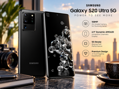 Samsung Galaxy S20 Ultra 5G smartphone, cosmic black rear and front with bubble splash