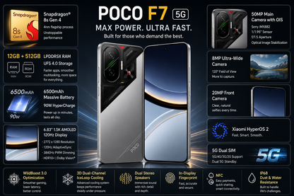 Poco F7 5G promotional flyer with phone renders and camera, battery, and 5G details