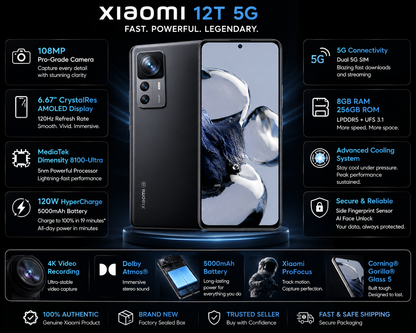 Xiaomi 12T 5G 256GB 8GB RAM Dual SIM GSM Unlocked - Black