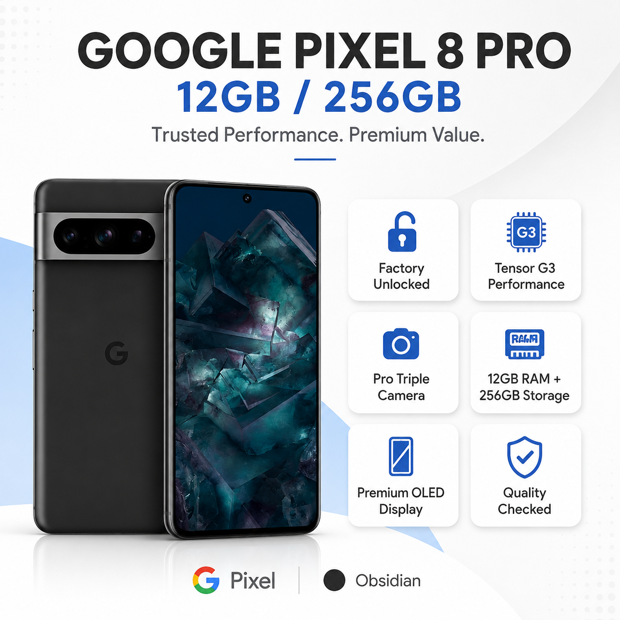 Google Pixel 8 Pro phone with Obsidian finish and feature icons on the right