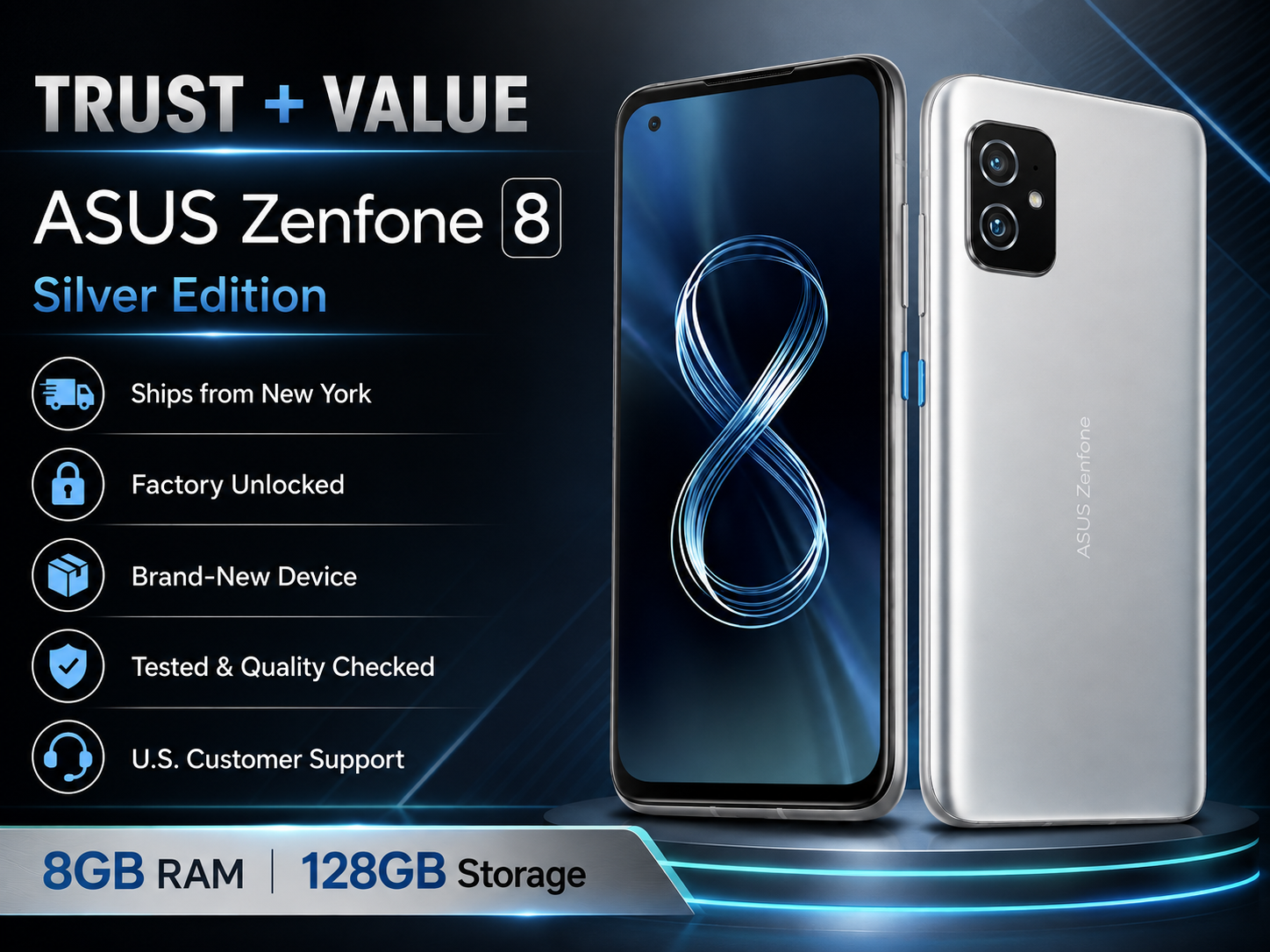 Silver ASUS Zenfone 8 front and rear phones side by side, dual camera on back.