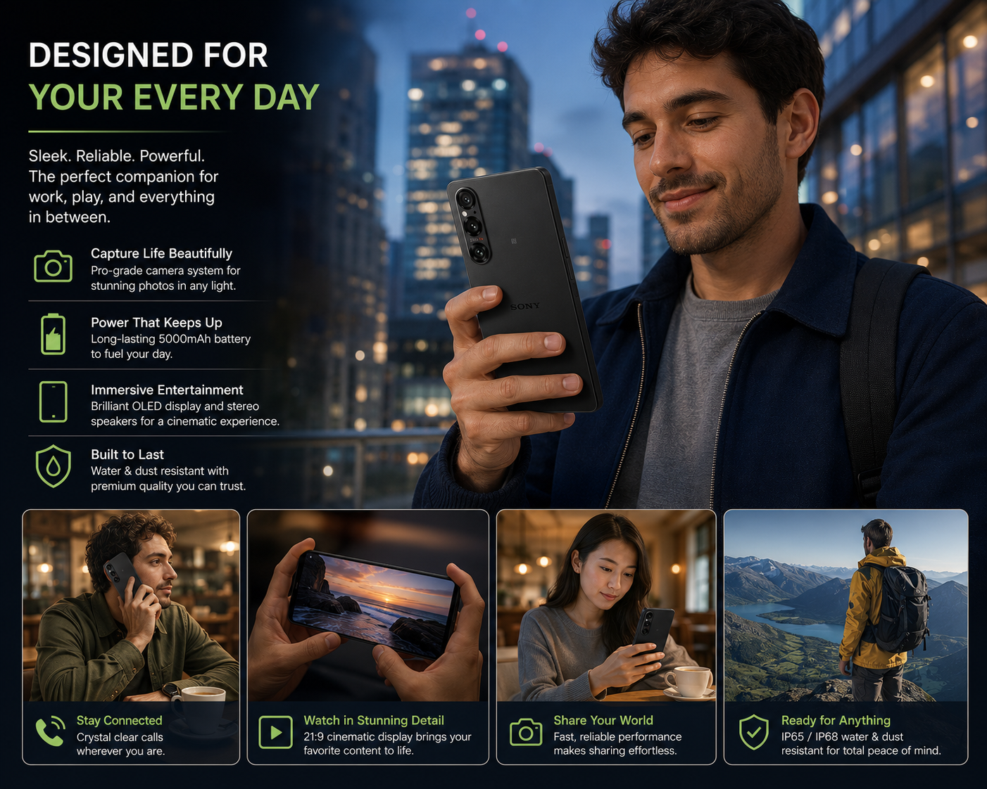 Sony Xperia 1 V 5G XQ-DQ72 Black smartphone held in hand, rear camera side and front display visible