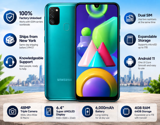 Teal Samsung Galaxy M21 dual SIM unlocked smartphone with camera module and display
