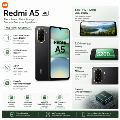 Xiaomi Redmi A5 4G 128GB ROM 4GB RAM Dual SIM GSM Unlocked - Black