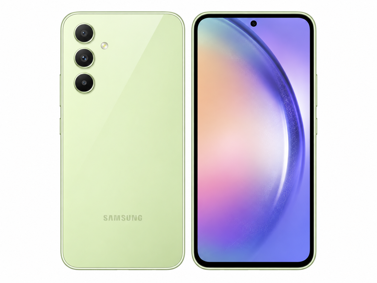 Samsung Galaxy A54 5G smartphone close-up in green, showing back panel and front display.