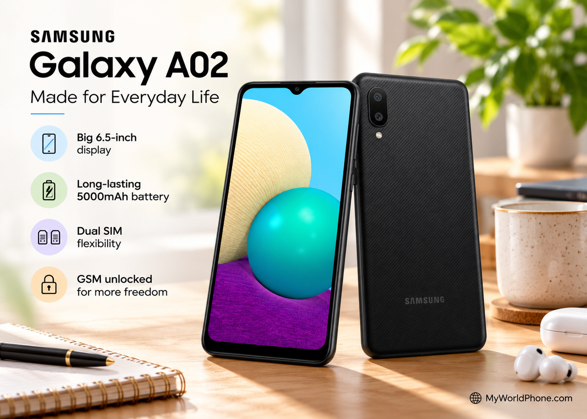 Samsung Galaxy A02 4G Black dual-SIM smartphone with front display and rear camera on desk