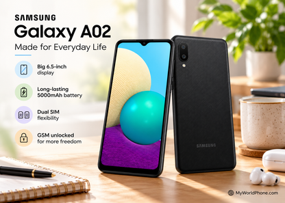 Samsung Galaxy A02 4G Black dual-SIM smartphone with front display and rear camera on desk
