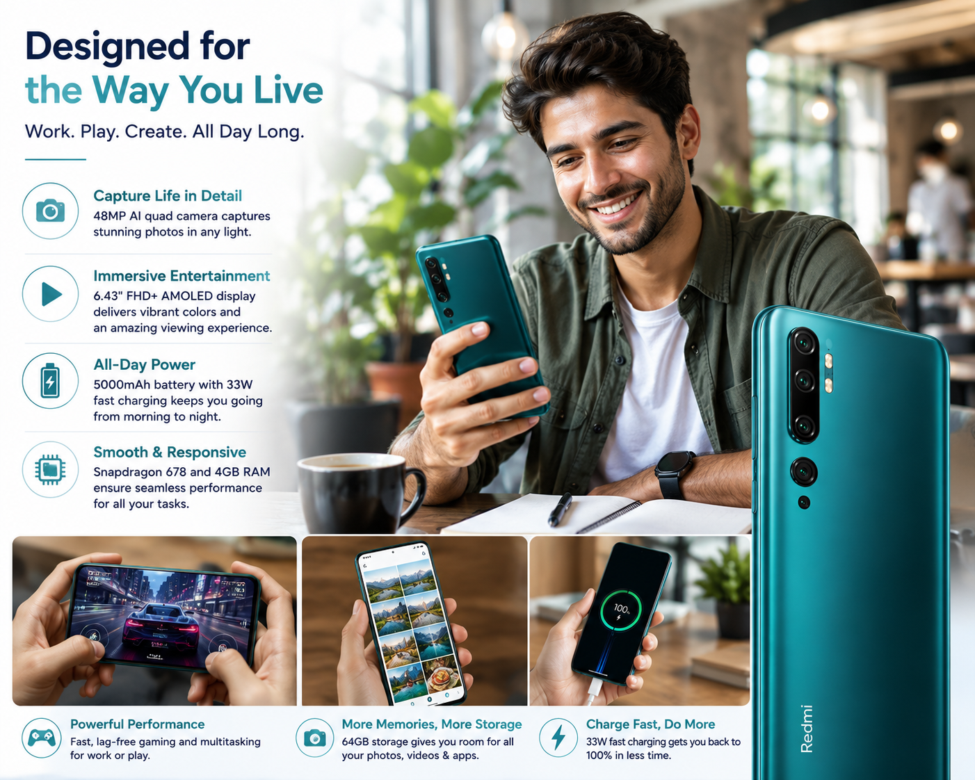 Xiaomi Redmi Note 10 Lake Green smartphone held in hand, showing rear camera and side profile