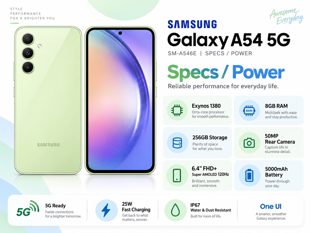 Samsung Galaxy A54 5G smartphone in green, front display and dual rear cameras.