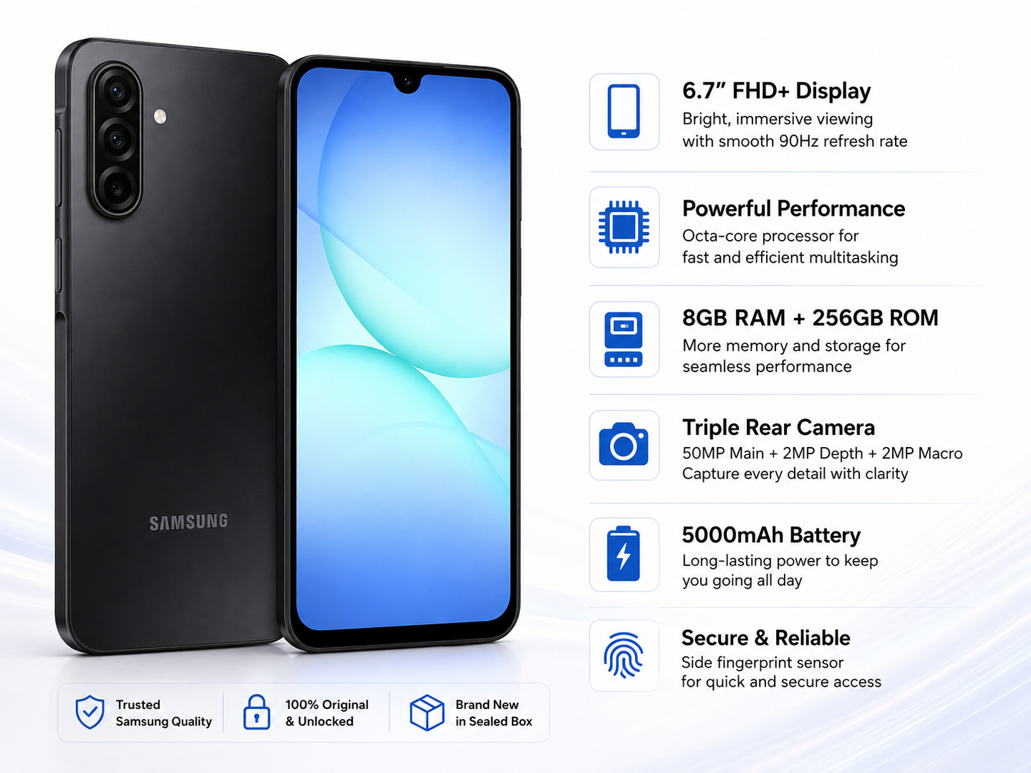 Black Samsung Galaxy A17 smartphone, angled view with blue front screen