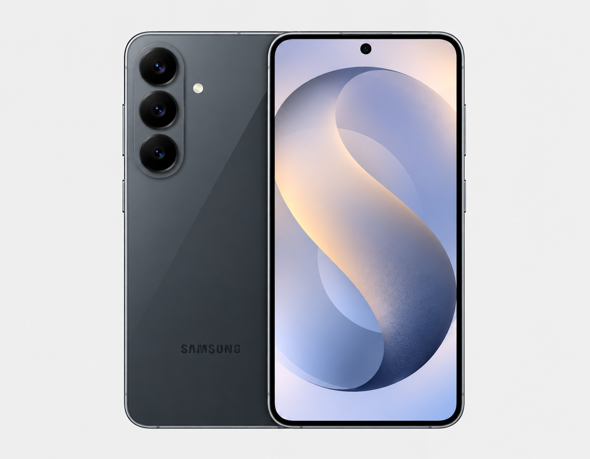 Samsung Galaxy S26 FE 5G smartphone pair: front display and graphite back view