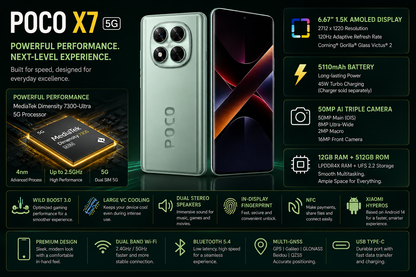 Xiaomi Poco X7 5G Green smartphone with triple-lens camera, curved display with abstract red-and-blue pattern