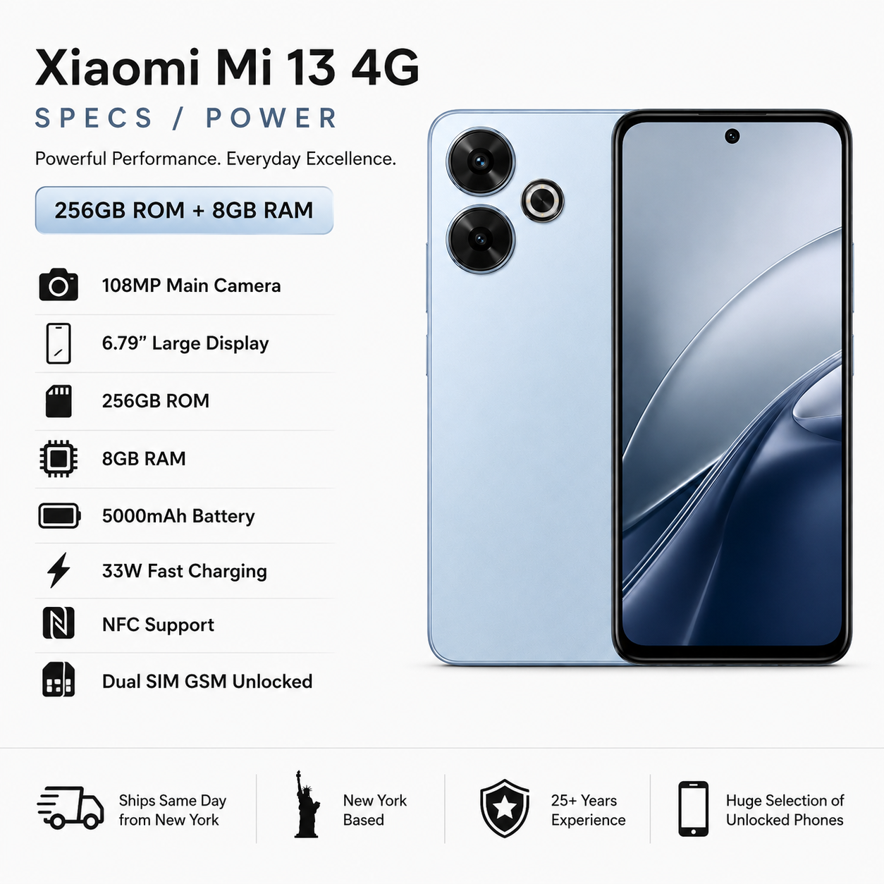 Xiaomi Redmi 13 4G Dual SIM 256GB ROM 8GB RAM GSM Unlocked - Blue