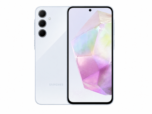 Samsung Galaxy A35 5G Ice blue dual-SIM smartphone with front and back views, triple rear cameras.