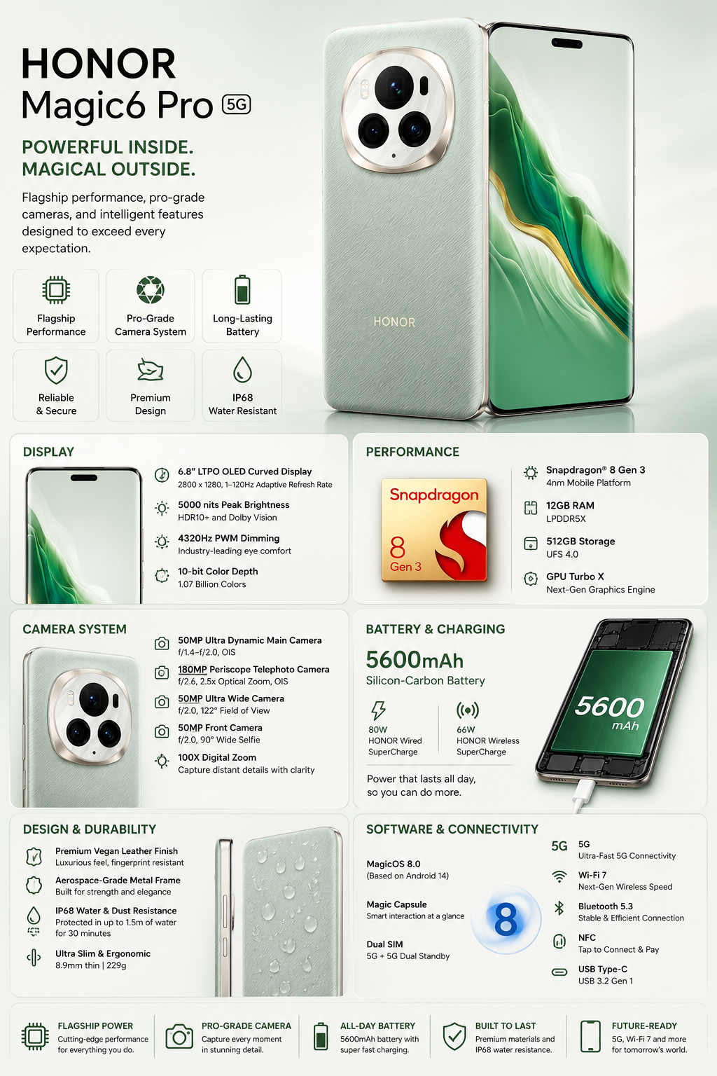 Mint green smartphone with triple rear camera and curved front display