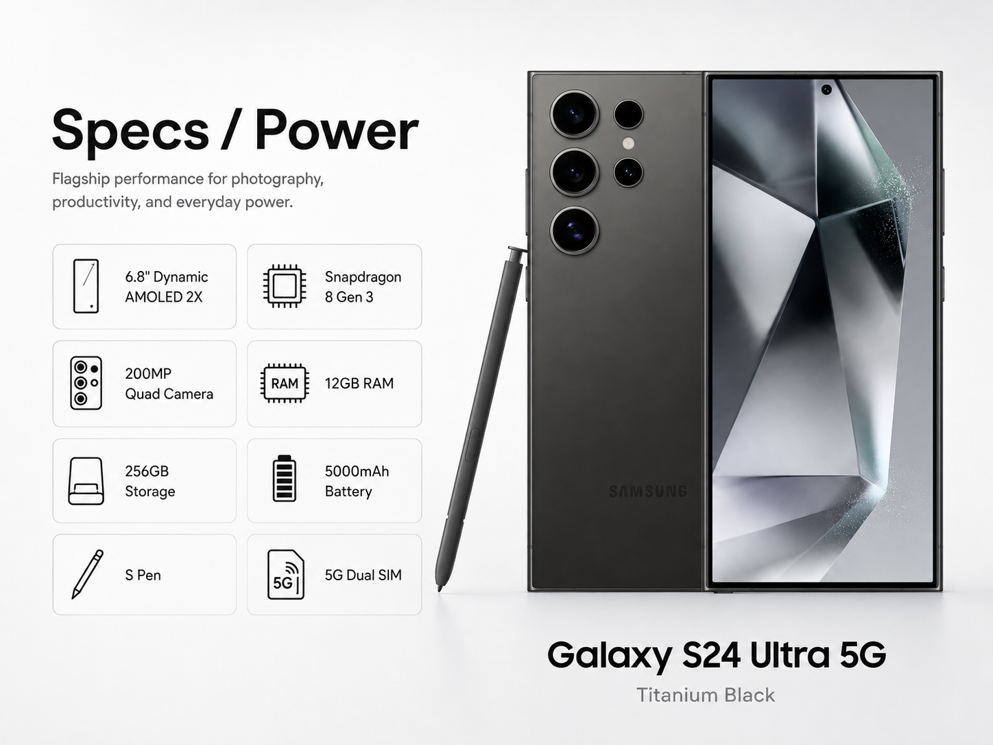 Galaxy S24 Ultra 5G phone with titanium black finish and S Pen stylus