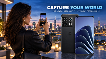 OnePlus 10 Pro unlocked smartphone next to a woman holding it in a city scene