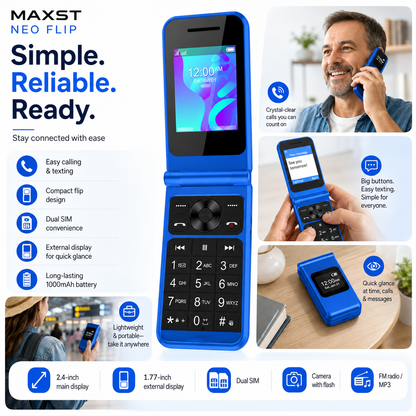 Blue flip phone with open keypad and internal screen, compact design