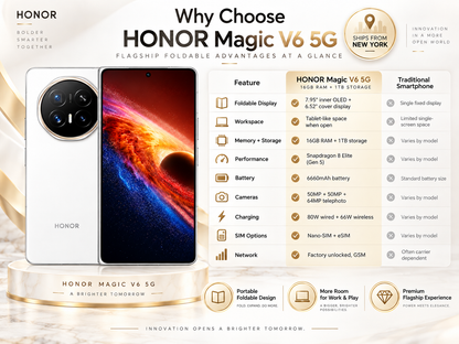 Honor Magic V6 5G White foldable smartphone open view with circular quad-camera and inner display.