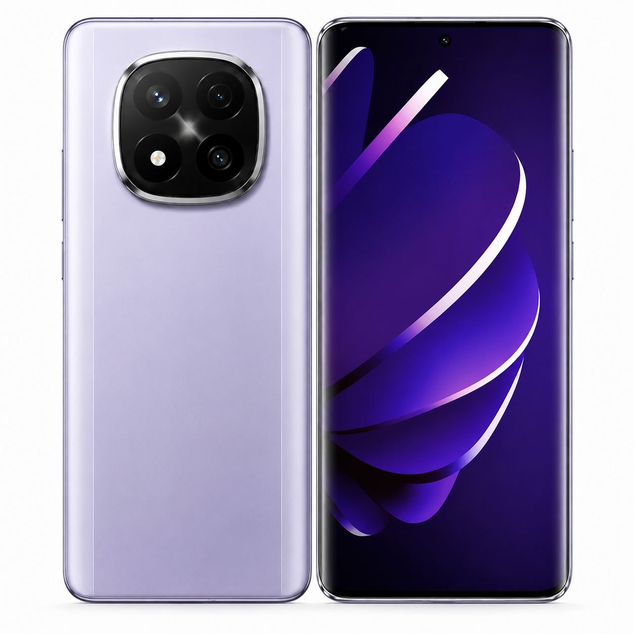Lavender purple smartphone front and back view with quad camera module