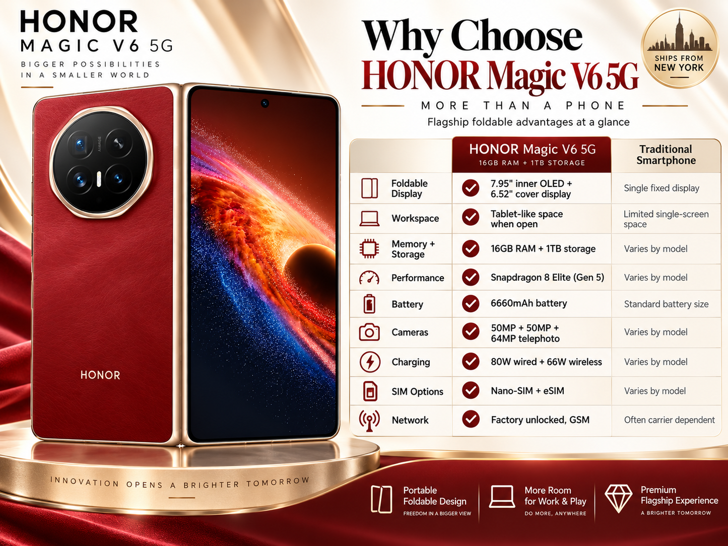 Honor Magic V6 5G 1TB ROM 16GB RAM Dual SIM GSM Unlocked - Red