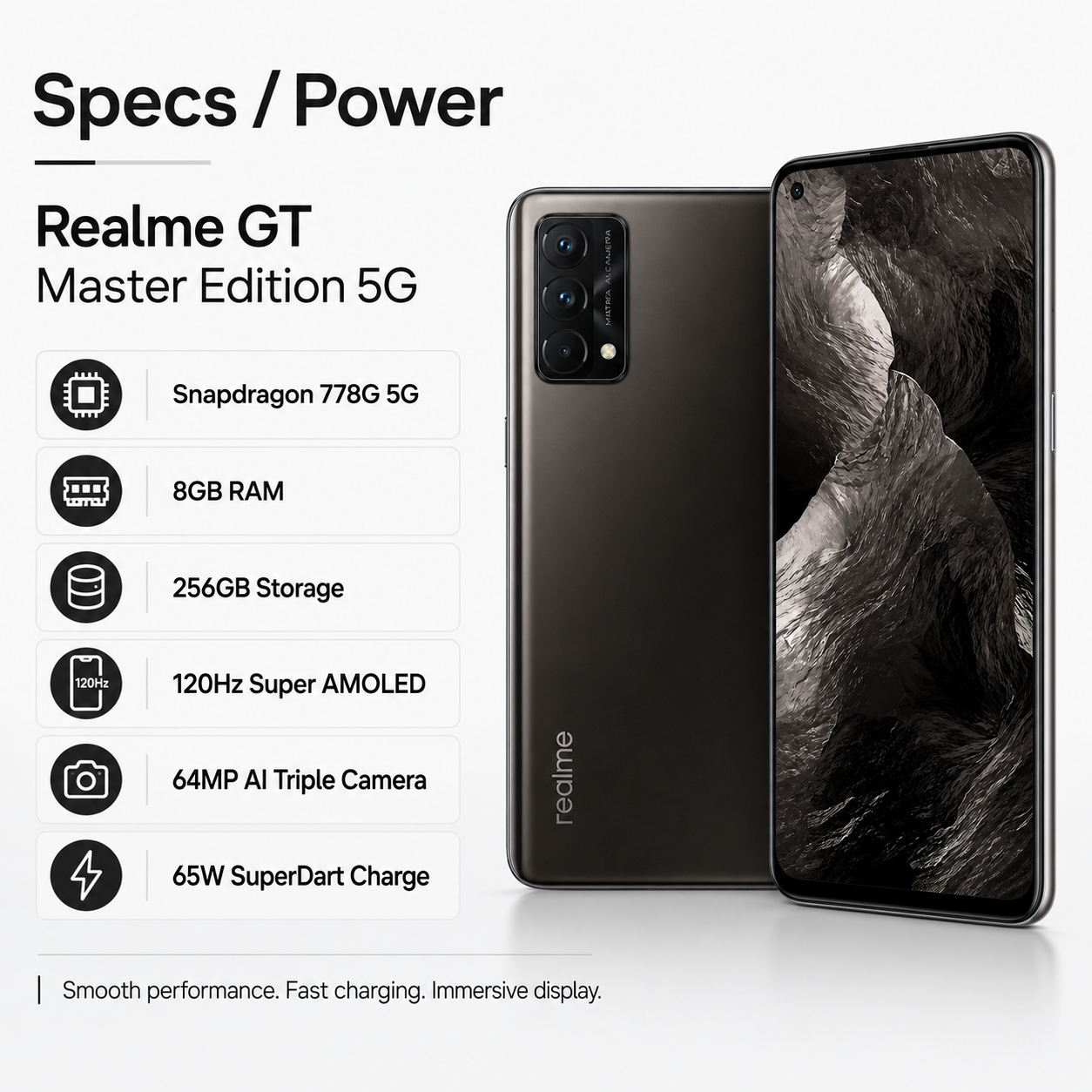 Realme GT Master Edition 5G Cosmos Black smartphone with triple camera array, front display and back view