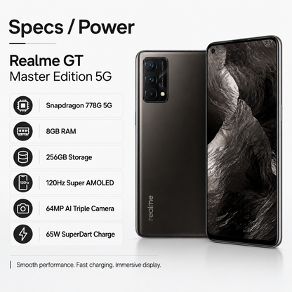 Realme GT Master Edition 5G Cosmos Black smartphone with triple camera array, front display and back view
