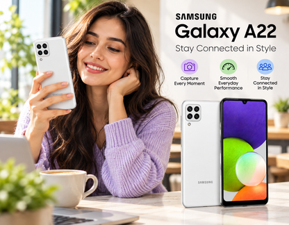 White Samsung Galaxy A22 phone held in hand beside woman, front and back visible