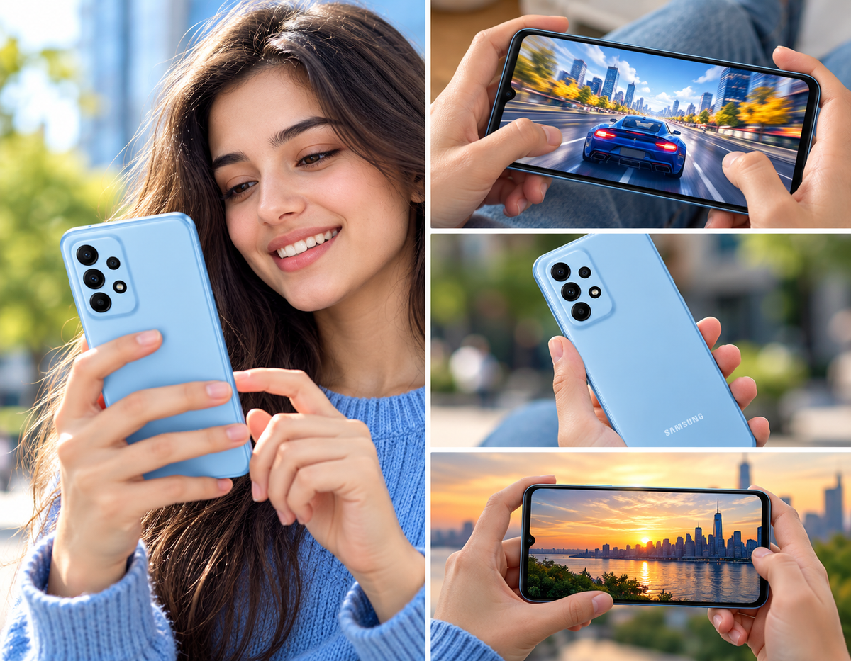 Blue Samsung Galaxy A23 smartphone in hand with triple rear cameras visible