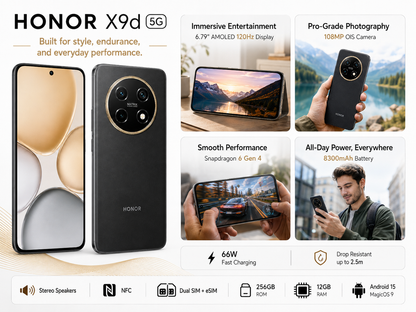 Honor X9d 5G Smartphone product panel with front display and back camera view