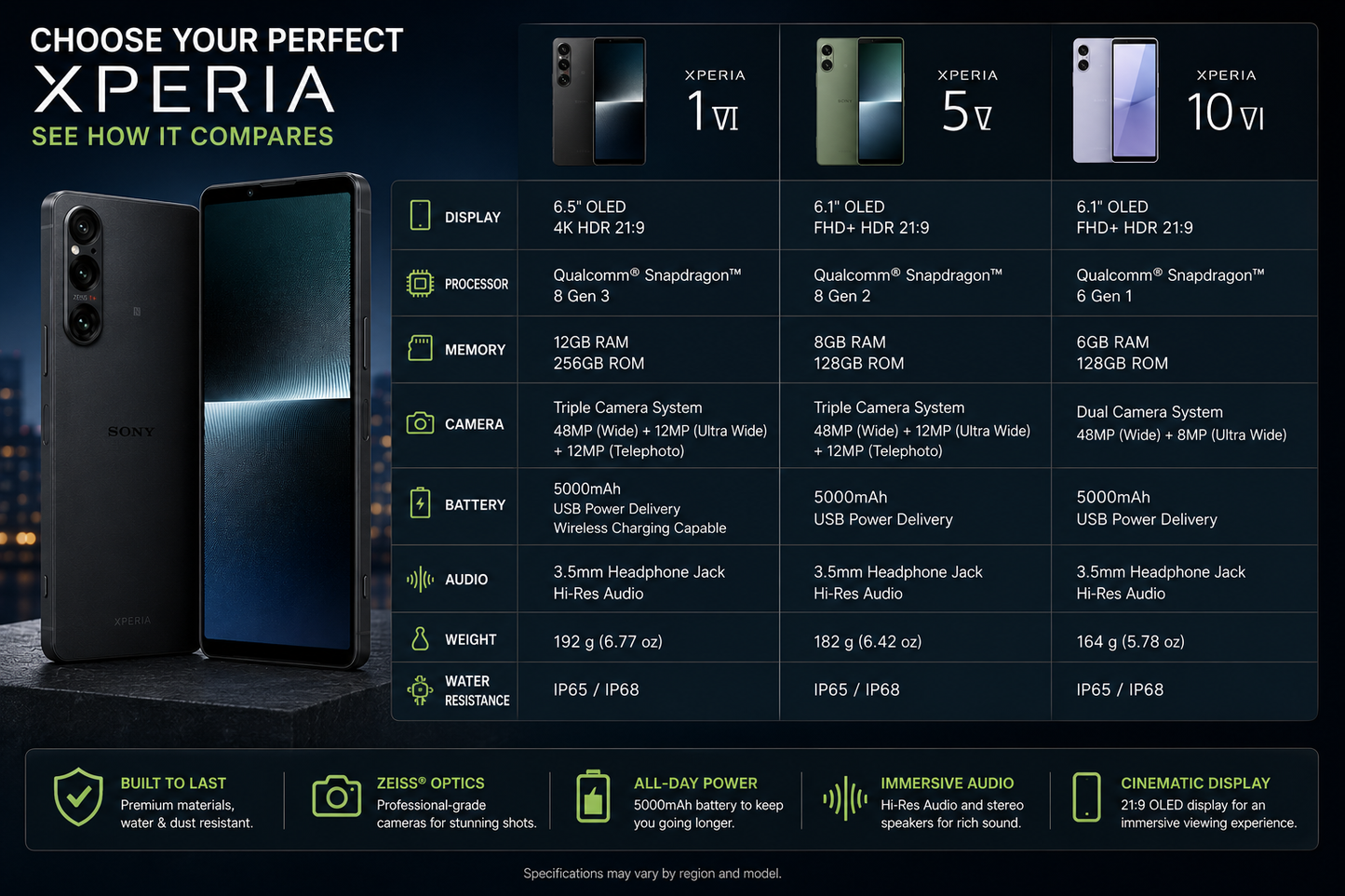 Sony Xperia 1 V 5G XQ-DQ72 Black smartphone front display and rear camera view in a comparison layout