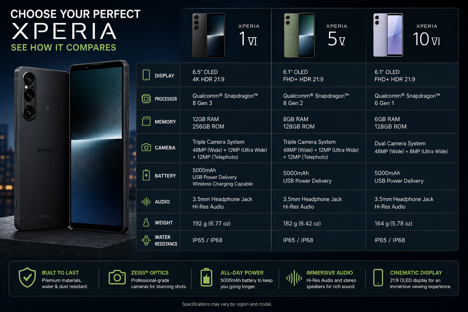 Sony Xperia 1 V 5G XQ-DQ72 Black smartphone front display and rear camera view in a comparison layout
