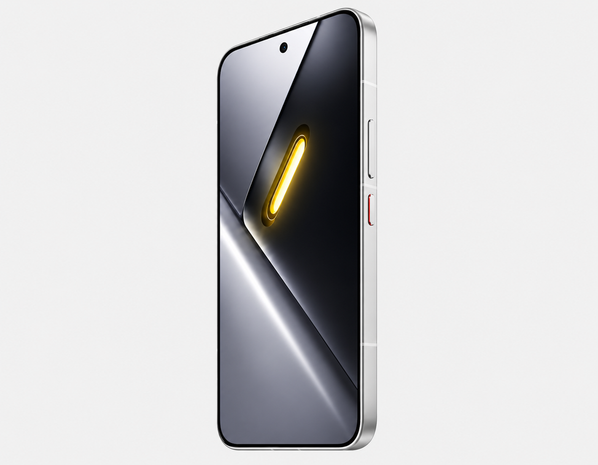 Xiaomi Poco X8 PRO 5G White smartphone side view with glowing screen and visible power/volume buttons