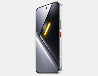 Xiaomi Poco X8 PRO 5G White smartphone side view with glowing screen and visible power/volume buttons