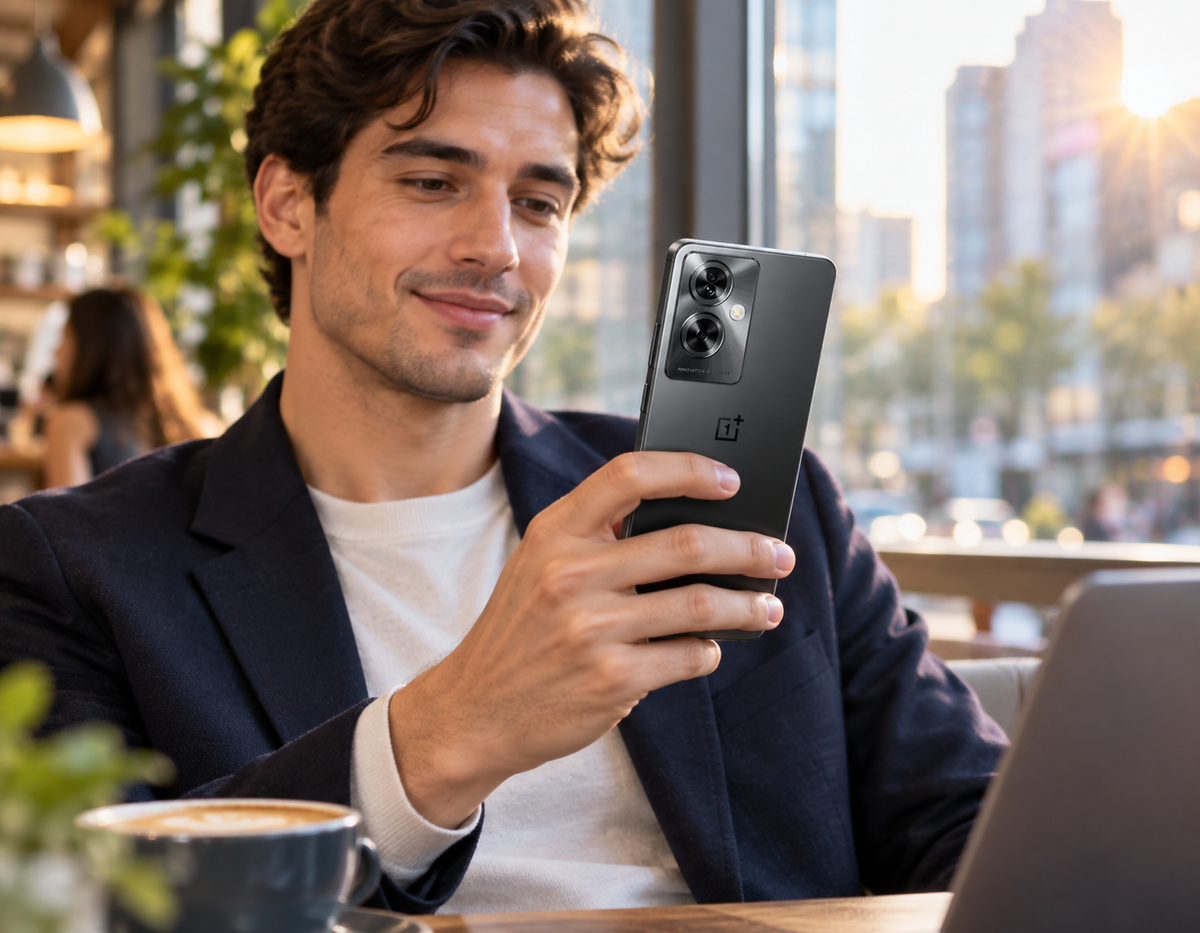 OnePlus Nord N30 SE 5G Black OnePlus Nord phone in hand, showing rear cameras and logo