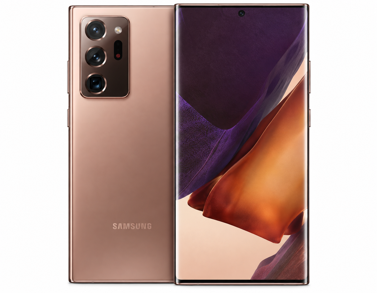 Bronze Samsung Galaxy Note20 Ultra phone, quad rear cameras, front screen visible
