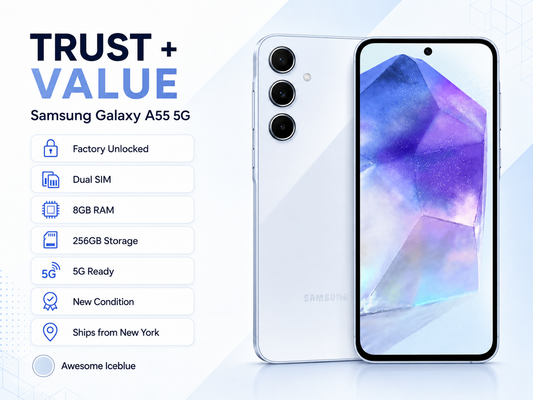 Ice blue Samsung Galaxy A55 5G smartphone with front and back views side by side.