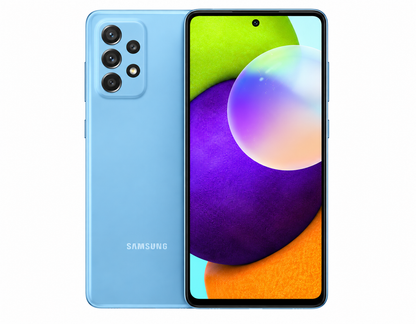 Samsung Galaxy A52s Light blue smartphone front and back with quad rear camera array