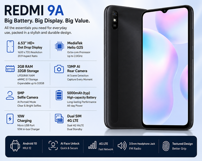 Xiaomi Redmi 9A Dual Sim 32GB 2GB RAM GSM Unlocked - Granite Grey