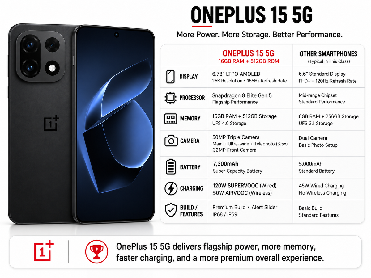 Black OnePlus 15 5G smartphone showing front and back, blue-lit screen.