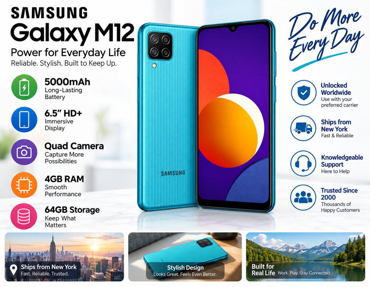 Samsung Galaxy M12 Teal unlocked smartphone with purple screen and quad rear camera