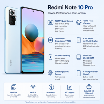 Xiaomi Redmi Note 10 Pro 4G Dual SIM LTE 256GB 8GB RAM GSM Unlocked - Glacier Blue