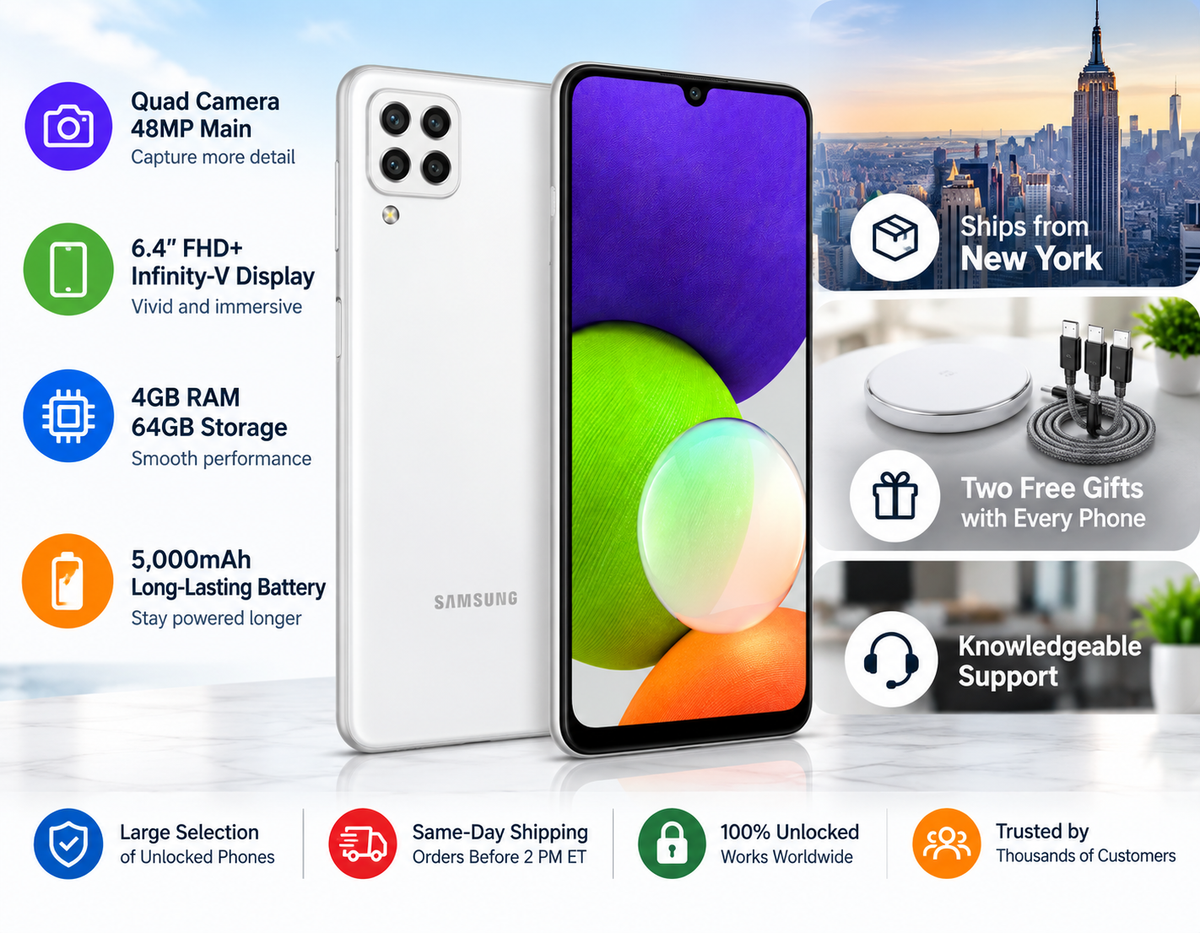White Samsung Galaxy A22 smartphone showing front display and back camera module