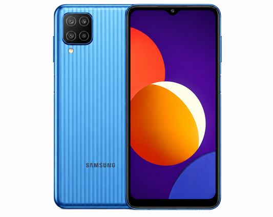 Blue Samsung Galaxy M12 smartphone front and back with quad rear camera