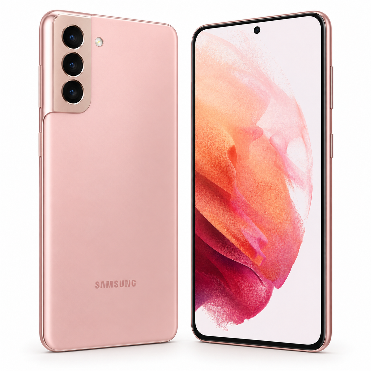Pink Samsung Galaxy S21 5G phone showing rear cameras and front display