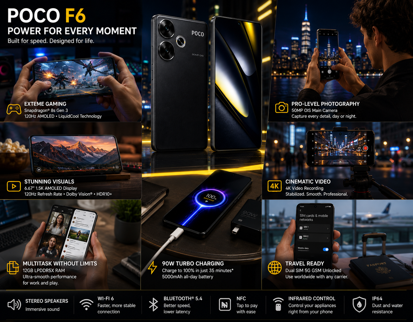 Xiaomi Poco F6 5G Black smartphone with front display and back panel, dual rear cameras visible