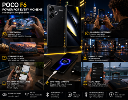 Xiaomi Poco F6 5G Black smartphone with front display and back panel, dual rear cameras visible